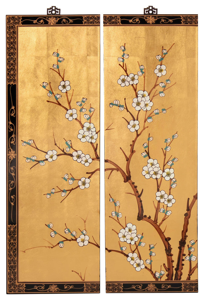 Gold Lacquer Wall Plaque Cherry Blossom