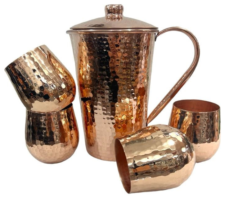 Set of 1 Shiny Copper Pitcher and 4 Tumblers