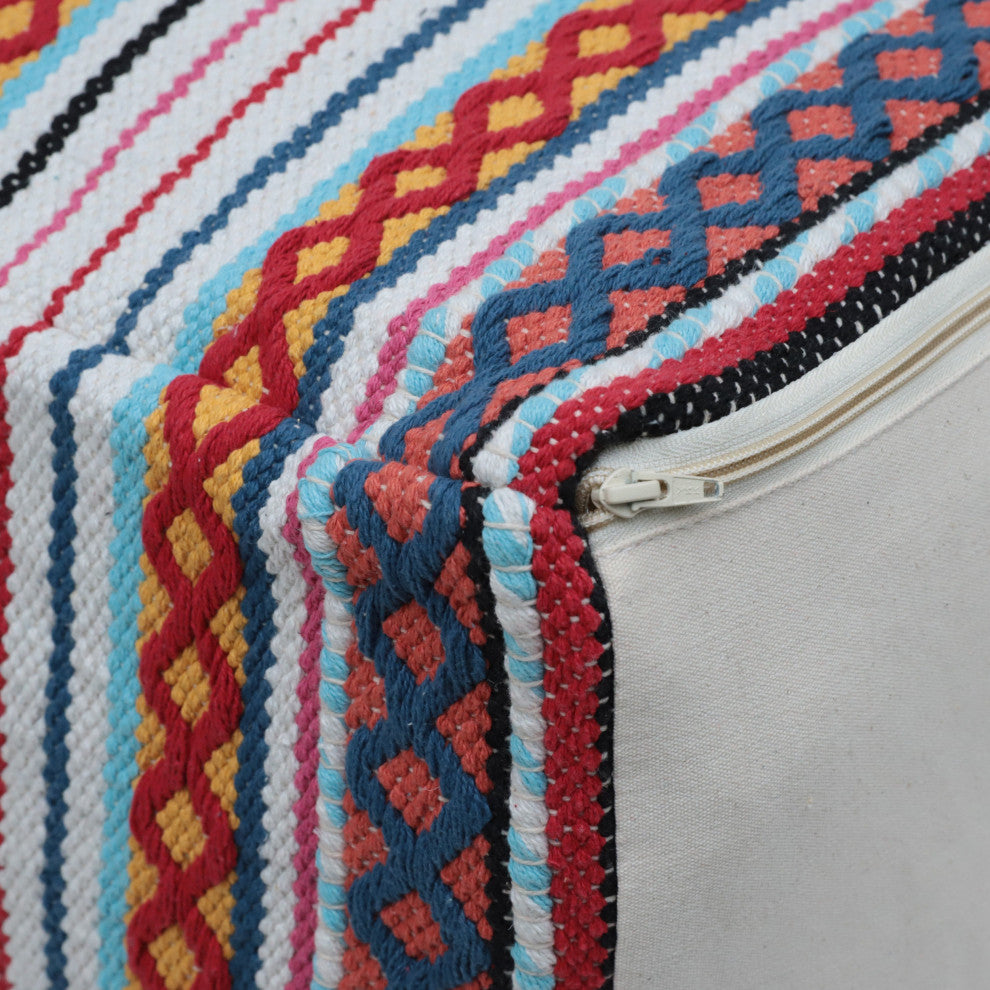 Hilliard Boho Handcrafted Peruvian Print Cube Pouf, White + Yellow + Red Multi Color