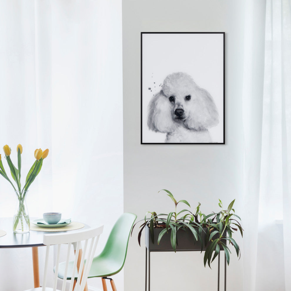 "Poodle" Black, White Portraits Printed Art Glass With A Black Aluminum Frame