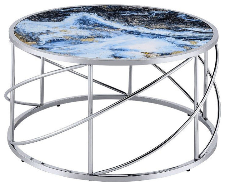 Round Coffee Table with Marble Top in Blue and Chrome