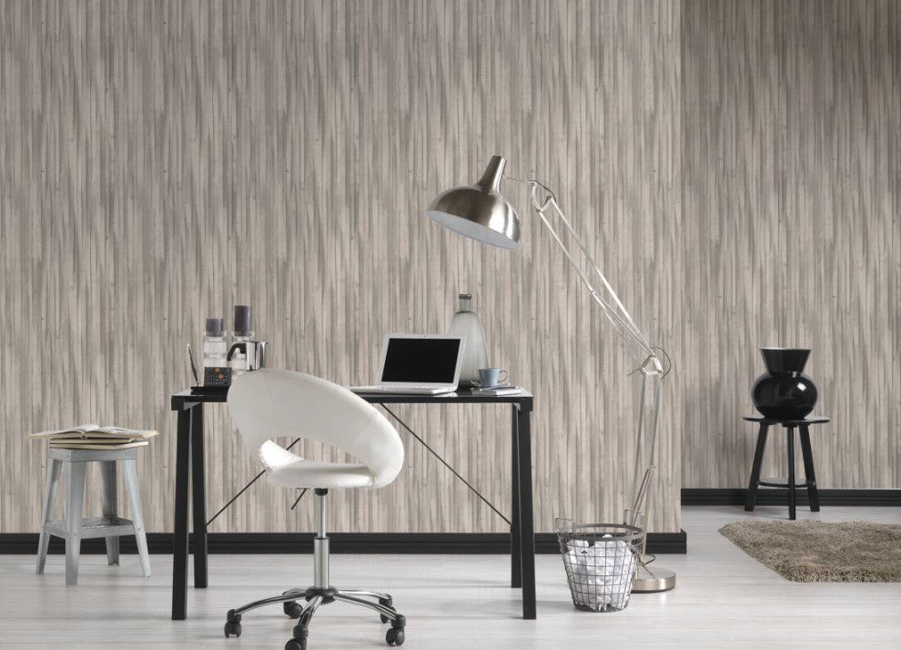 Loft Nature Textured Wallpaper Featuring Wooden Beam, Beige Gray, Sample