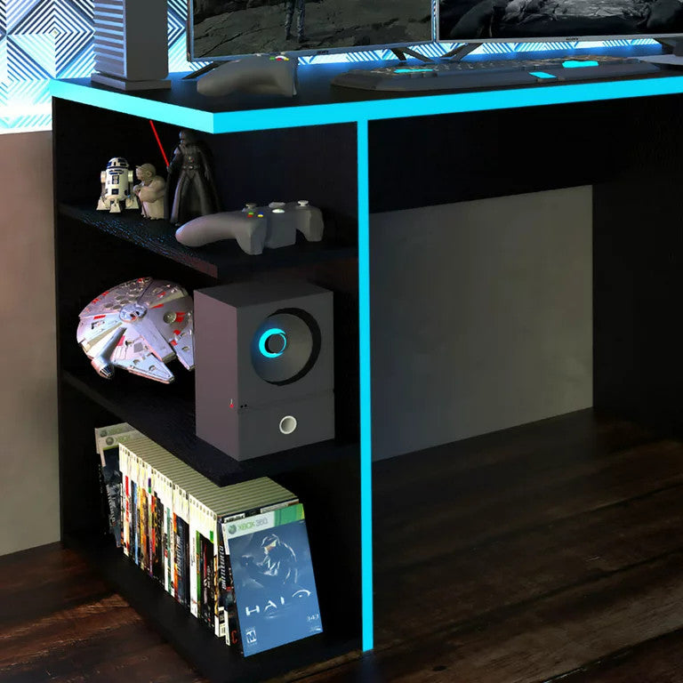 Modern Desk, Wooden Construction With Multiple Open Shelves & Large Top, Blue