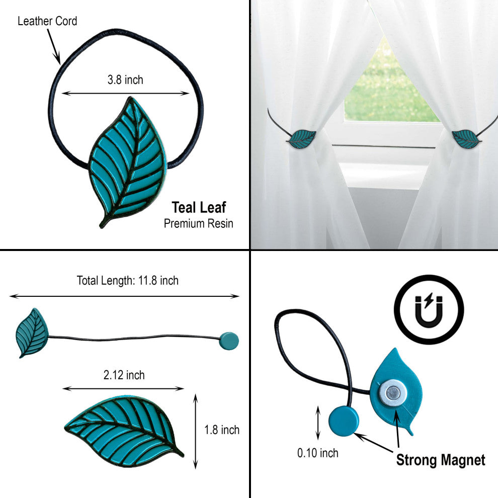 Magnetic Curtain Tiebacks "“ Leaf Design in Resin, Teal, Pack of 2