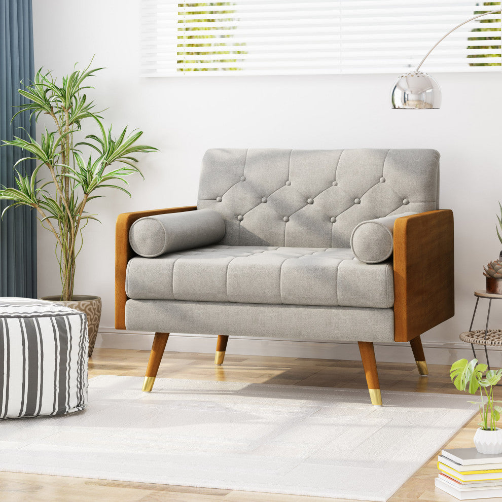 GDF Studio Greta Mid Century Modern Fabric Club Chair, Beige/Dark Walnut