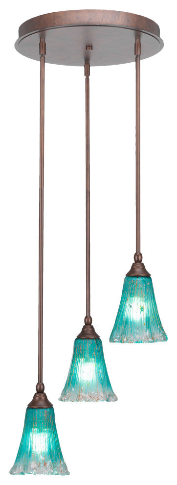 Empire 3-Light Cluster Pendalier, Bronze/Fluted Teal Crystal