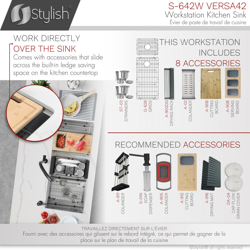 STYLISH 42"x19 W" Undermount 70/30 Double Bowl 16G Workstation Kitchen Sink