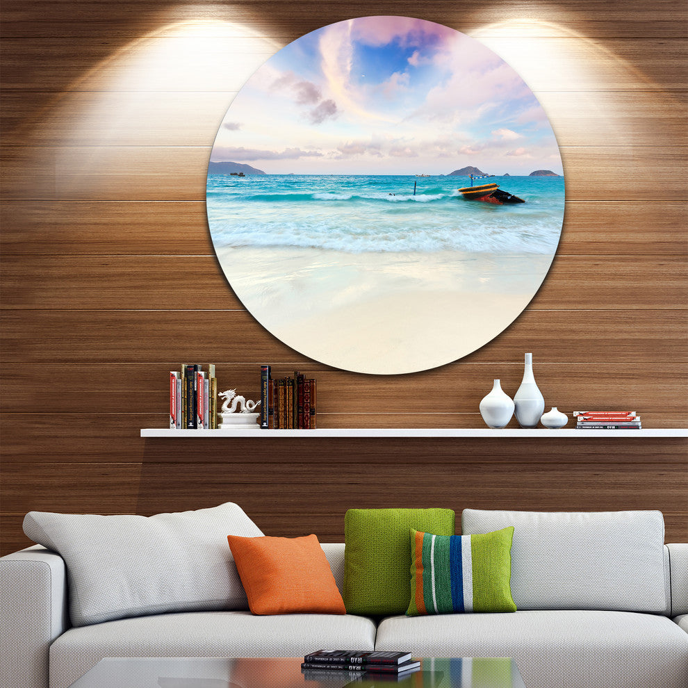 Exotic Seashore Sunset Over Blue Sea, Seascape Round Metal Artwork, 36"