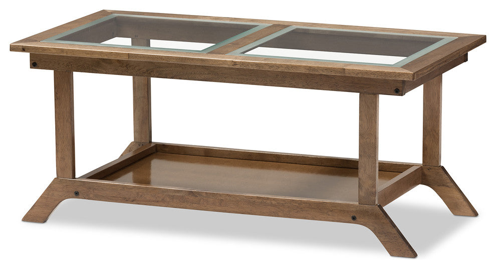 Cayla Mid-Century Walnut Brown Wood Living Room Glass-Top Coffee Table