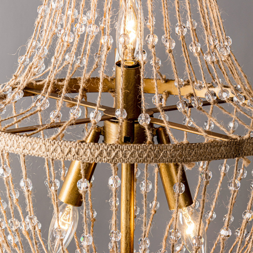 4-Light Farmhouse Chandelier With Jute Rope and Crystal Shade