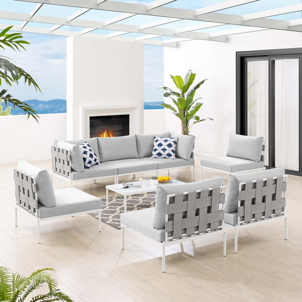 Lounge Sectional Sofa Chair Table Set, Sunbrella, Aluminum, Gray, Outdoor