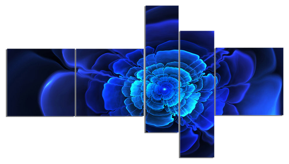 Bright Blue Fractal Flower in Dark, Floral Canvas Art print, 60"x32", 5 panels