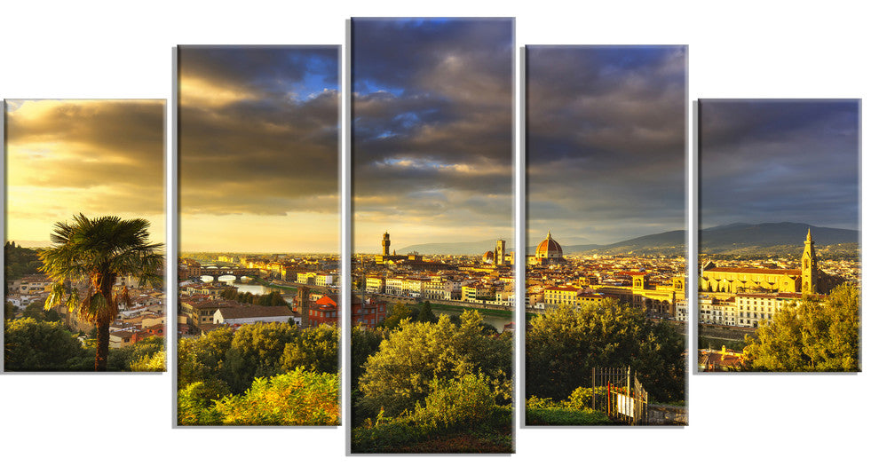 Florence Sunset Aerial View, Landscape Canvas Art Print, 60"x32", 5 Panels