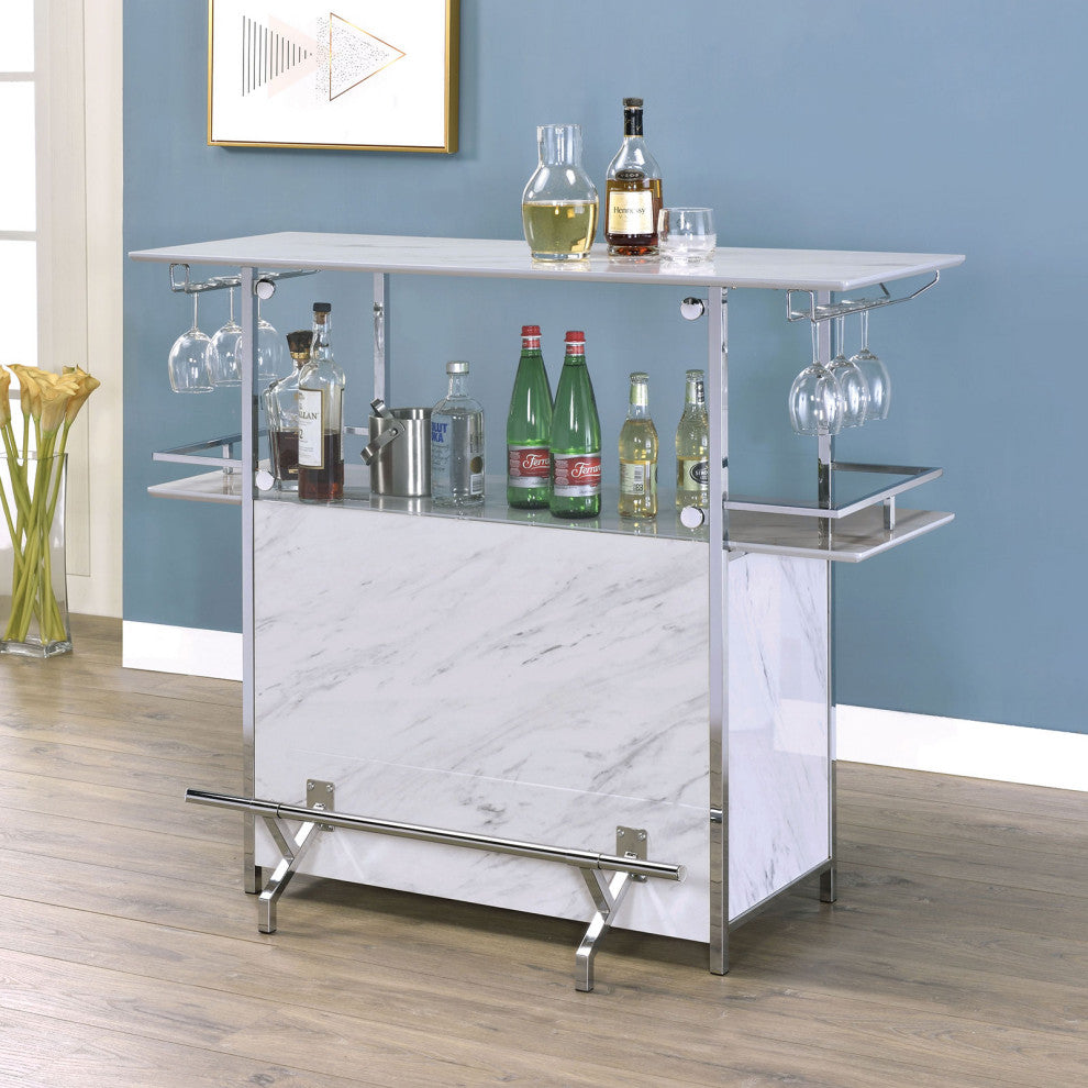 Faux Marble Bar Table With Glass Holder, White and Chrome