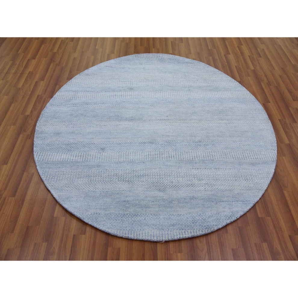 Blue, Wool and Silk Hand Knotted, Modern Grass Design Round Rug, 5'10"x5'10"