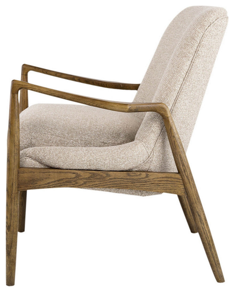 28 Inch Fabric Upholstered Accent Armchair, Birch Wood, Off White, Brown