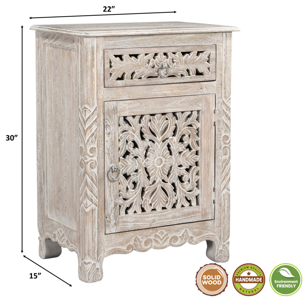 Delaney Carved 1 Door Nightstand, Sand White, Right