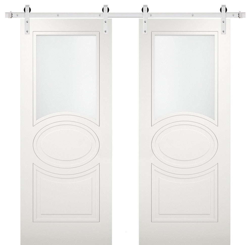 Double Barn Doors Opaque Glass / Mela 7012 Matte White / Silver 13FT, 48" X 80" ( 2* 24x80)