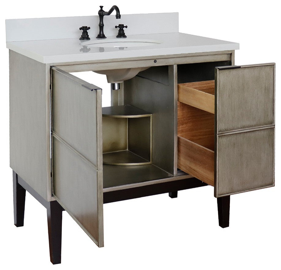 37" Single Vanity, Linen Brown Finish With Engineered Stone Top And Oval Sink