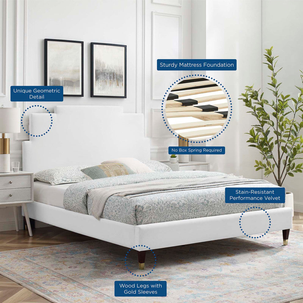 Platform Bed Frame, Full Size, Velvet, White, Modern Contemporary, Bedroom