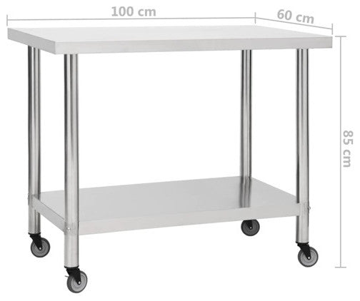 vidaXL Work Table Stainless Steel Table Hotel Prep Work Table with Wheels