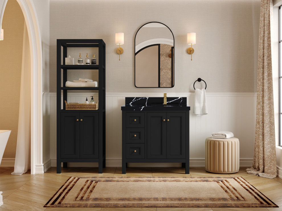 Nashville 36" Right Offset Bath Vanity, Black 2" Calacatta Black