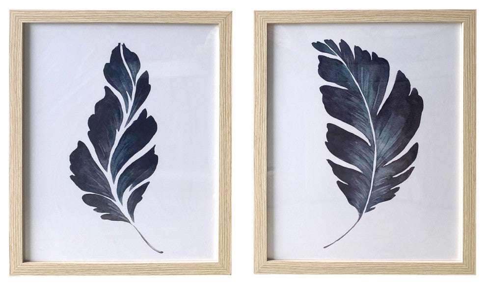 Two Piece Rick Dark Blue Leaves Framed Canvas Wall Art Set