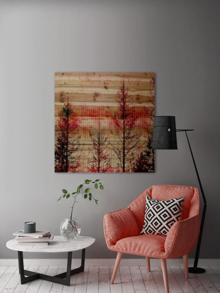 "Red Enchanted Forest" Print on Natural Pine Wood, 32"x32"
