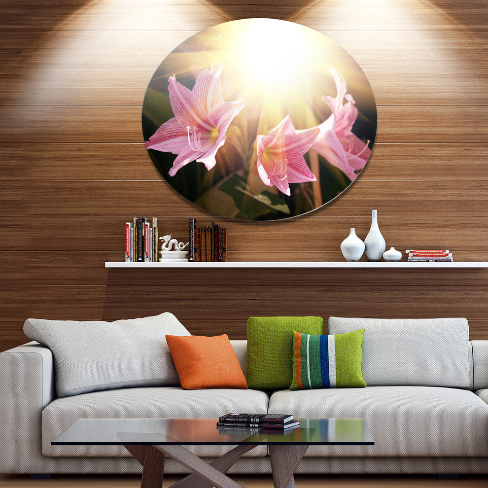Pink Flowers With Sunlight, Flower Disc Metal Artwork, 11"