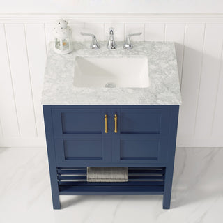 30" Vanity in Royal Blue with Carrara White Marble Countertop Without Mirror
