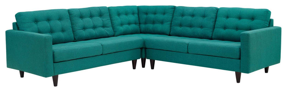 Modway Empress 3 Piece Upholstered Fabric Sectional Sofa Set, Teal