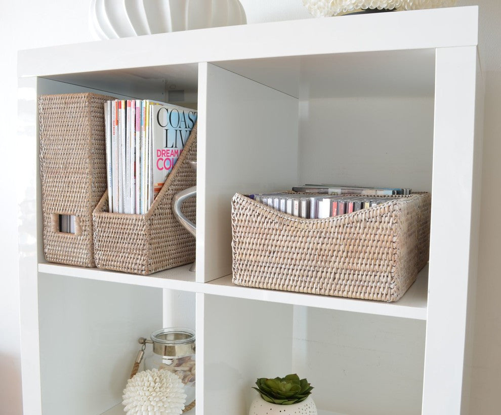 La Jolla Handwoven Rattan Magazine File, Handwoven, White Wash
