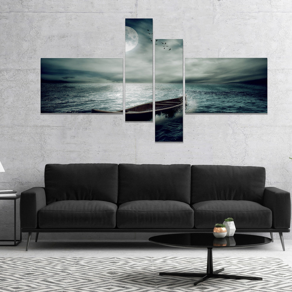 Boat Drifting Away After Storm, Seashore Canvas Art Print, 60"x32", 4 panels