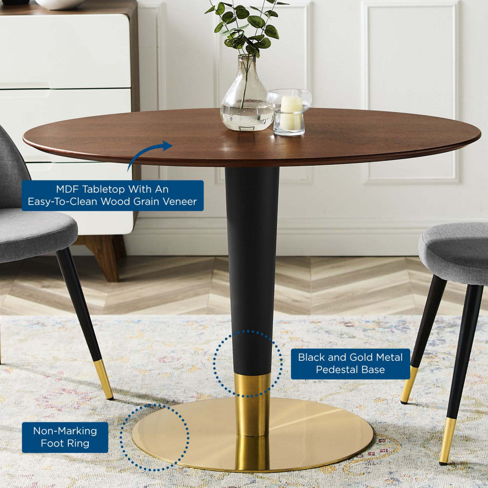 Dining Table, Oval, Wood, Metal, Gold Brown Brown Walnut, Cafe Bistro Restaurant