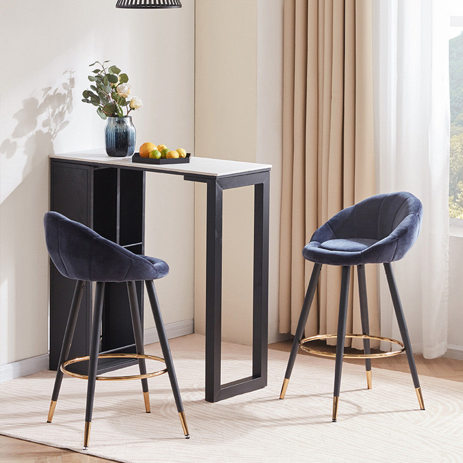 Set of 2 Blooming Flower Chenille Bar Stools, Darkblue