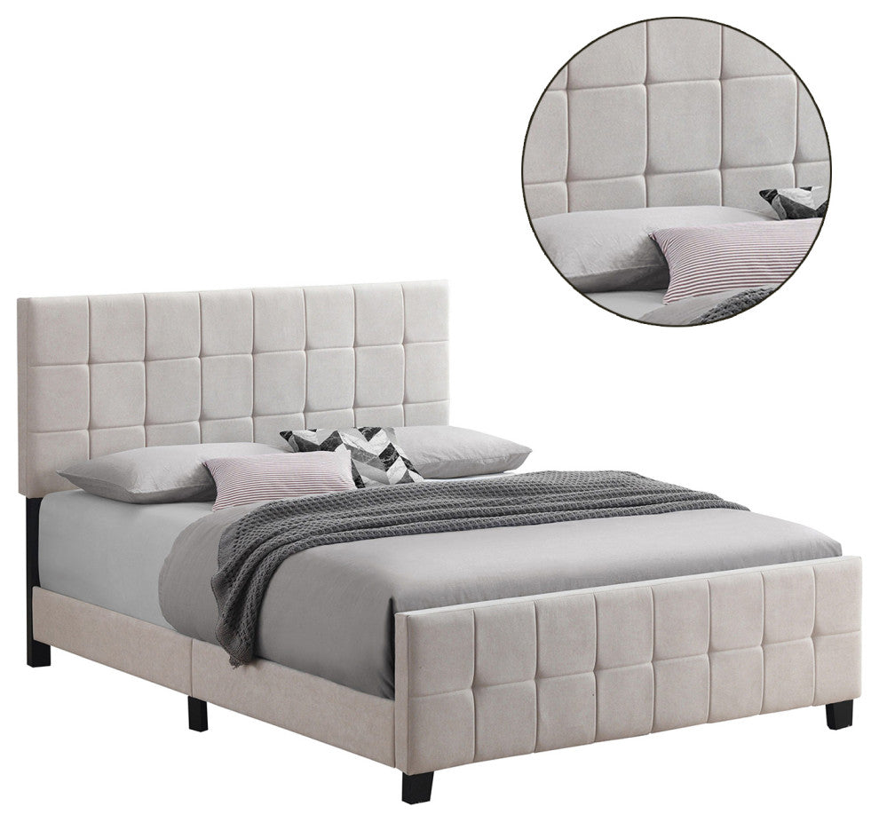 Queen Size Fabric Upholstered Panel Bed, Beige