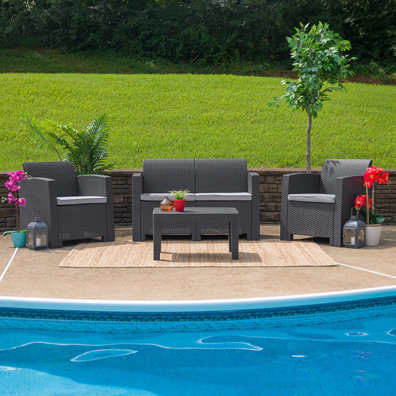 4 Piece Outdoor Faux Rattan Chair, Loveseat and Table Set, Dark Gray