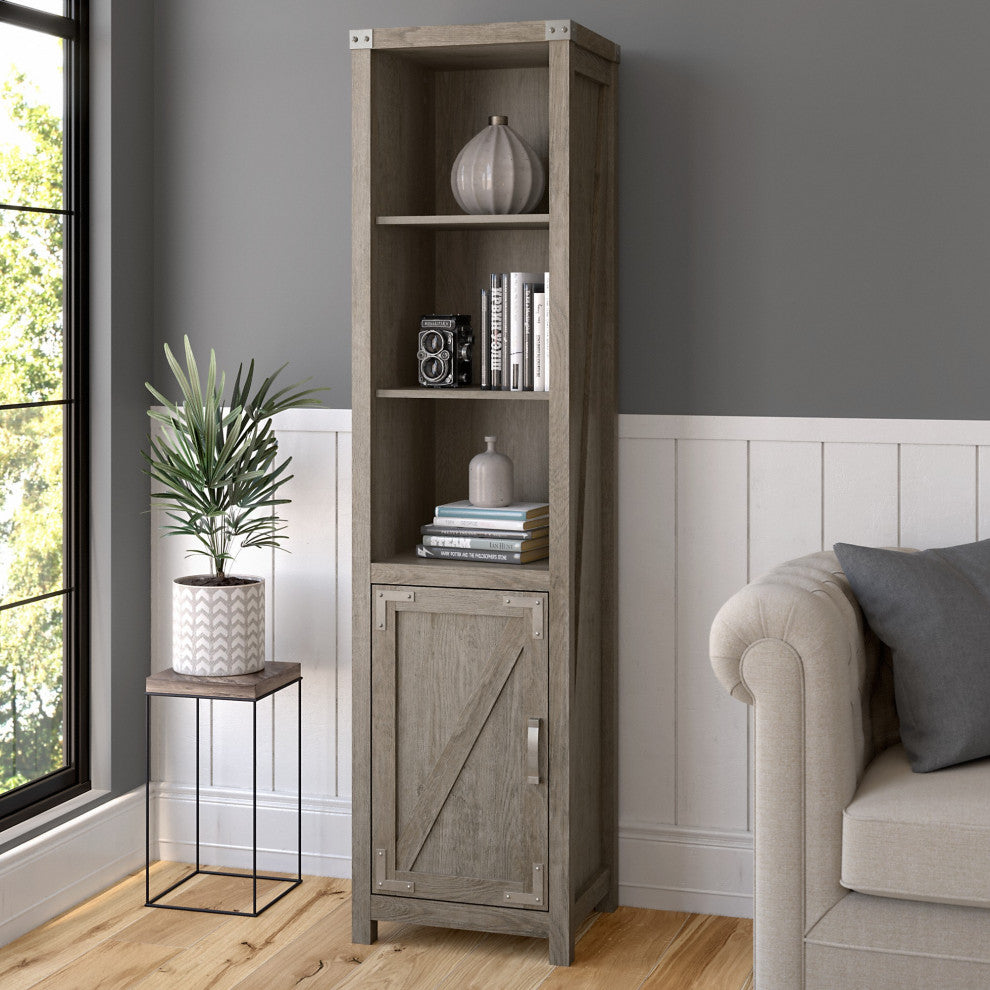 kathy ireland Home Cottage Grove Narrow Bookcase With Door, Restored Gray