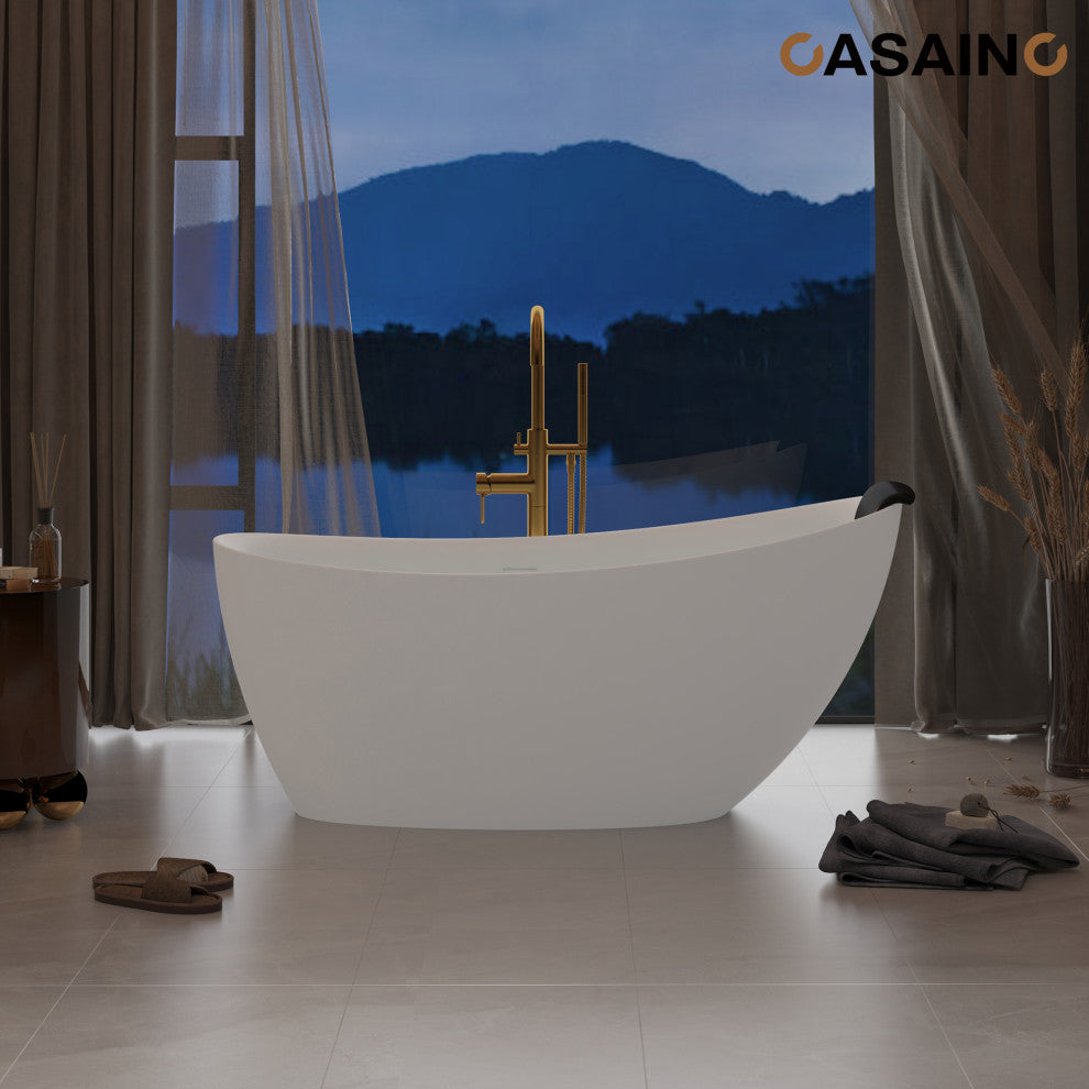 59in White Solid Surface Freestanding Soaking Bathtub with Drain, 67in