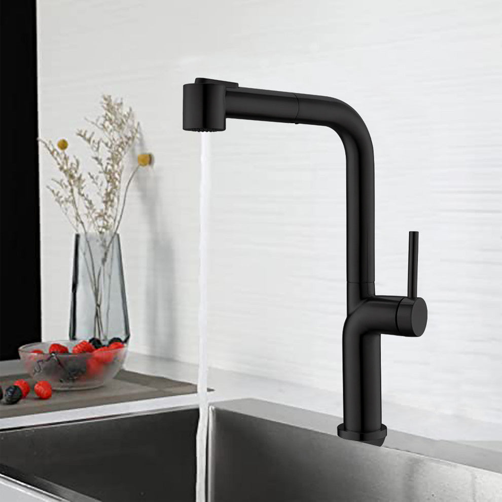 Single Handle Deck Mounted High Arc Pull Out Kitchen Faucet, Matte Black