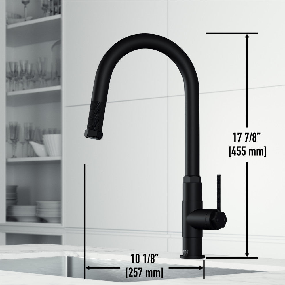 VIGO Hart Arched 18" H Single Handle Pull-Down Kitchen Faucet, Matte Black, Without Extras