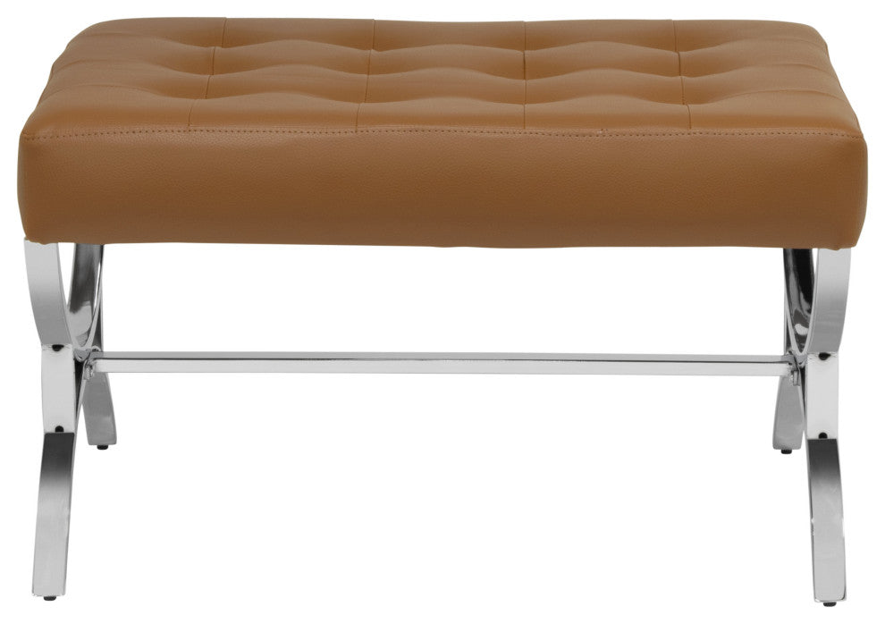Newel Modern Square Ottoman Blended Leather and Chrome Metal Frame Caramel