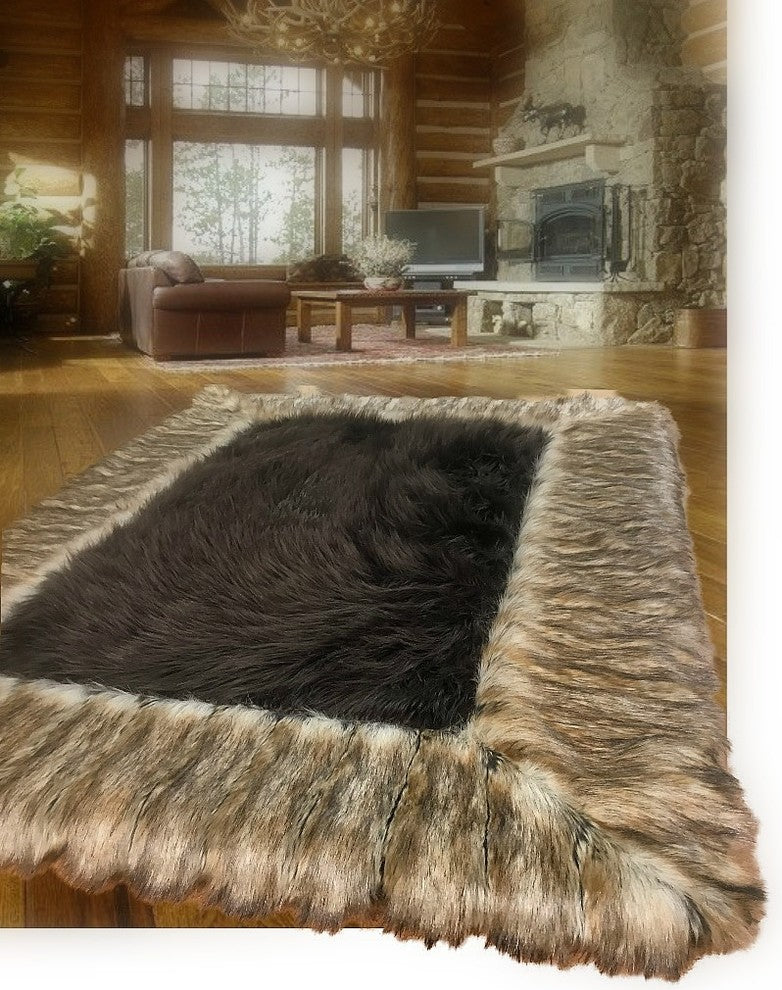 Brown Shag Faux Fur Area Rug - Brown Ribbed Fox Border Handmade Fur Accents USA