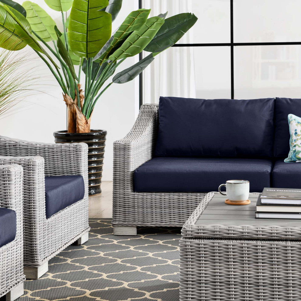 Lounge Sectional Sofa Chair Table Set, Rattan, Gray Blue Navy, Outdoor
