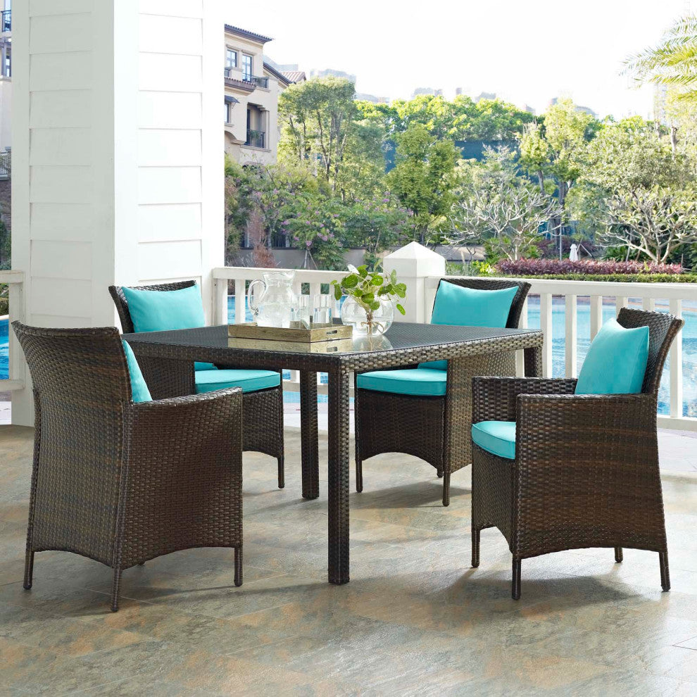 Side Dining Chair and Table Set, Rattan, Wicker, Brown Blue, Modern, Outdoor
