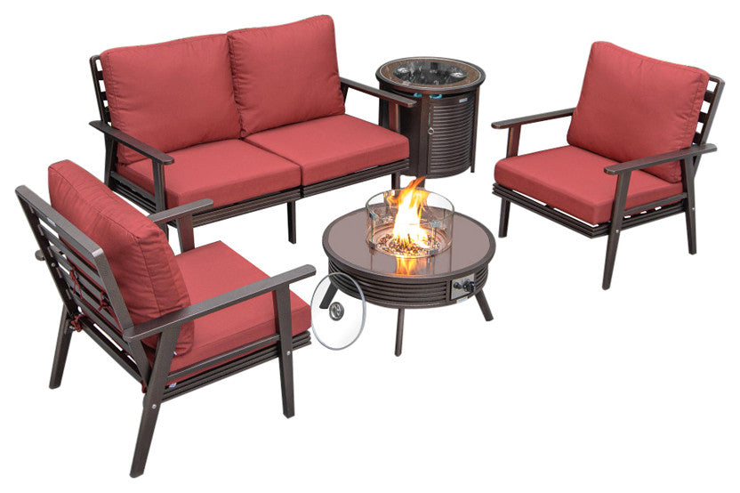 LeisureMod Walbrooke Patio Conversation Set With Fire Pit Table, Red