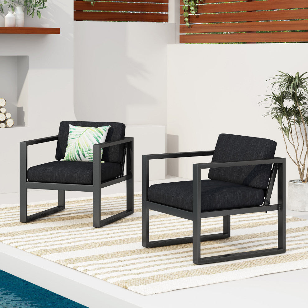 Noah Outdoor Aluminum Club Chair With Cushions, Black + Dark Gray, Set of 2