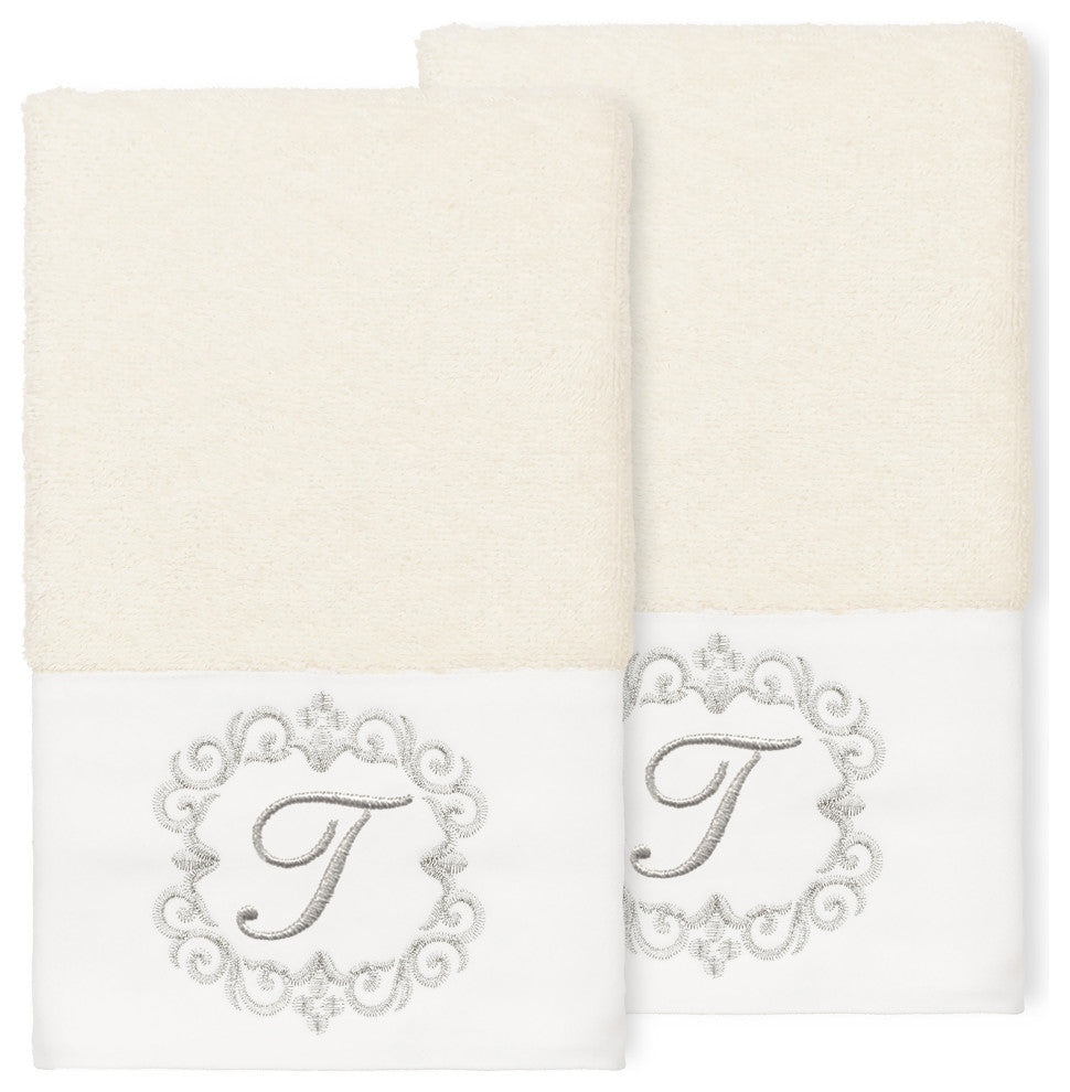 Linum Home Turkish Cotton Monica 2-Piece Embellished Hand Towel Set, Cream