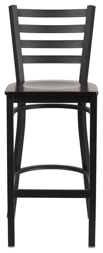 Black Ladder Back Metal Restaurant Barstool, Walnut Wood Seat