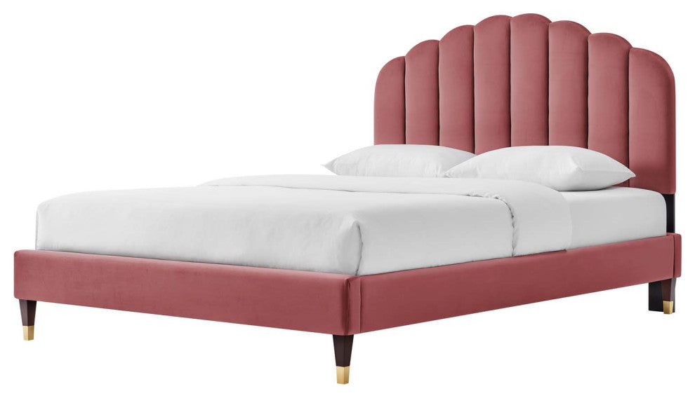 Platform Bed Frame, Queen Size, Pink, Velvet, Modern, Bedroom Guest Suite